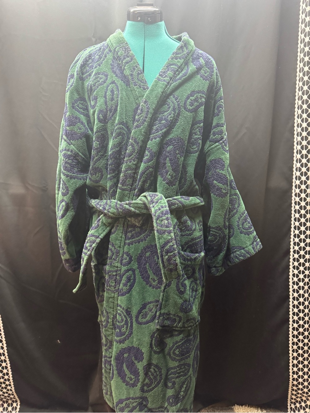 Paisley Terry Bathrobe in Green and Navy - Classic Plush Comfort